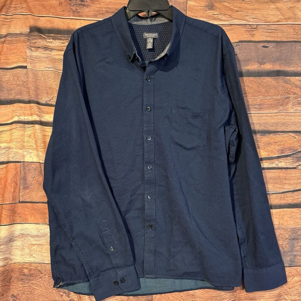 Van Heusen Never Tuck Shirt Mens XXL 2XL Navy Blue Polka Dot Long Sleeve Button